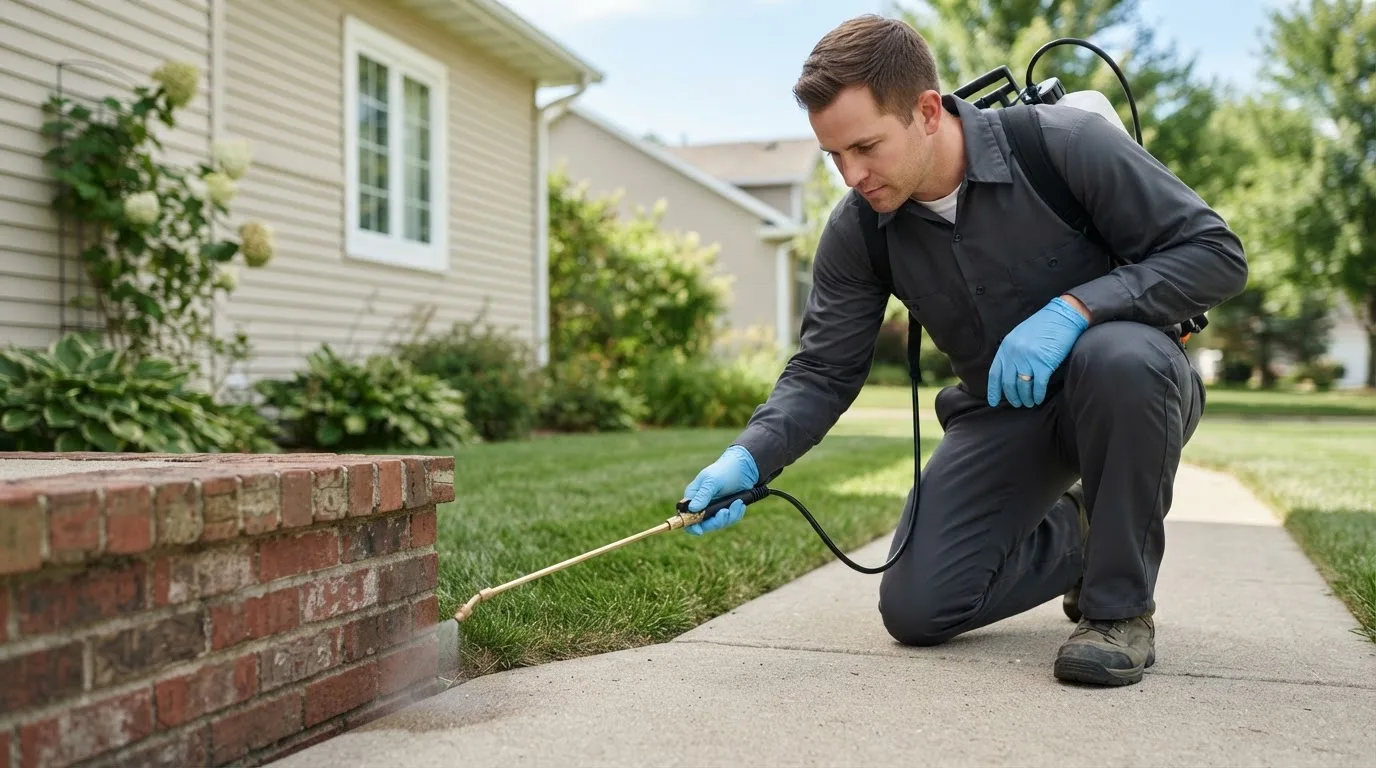 Pest control technician treating a home near Afton, IA