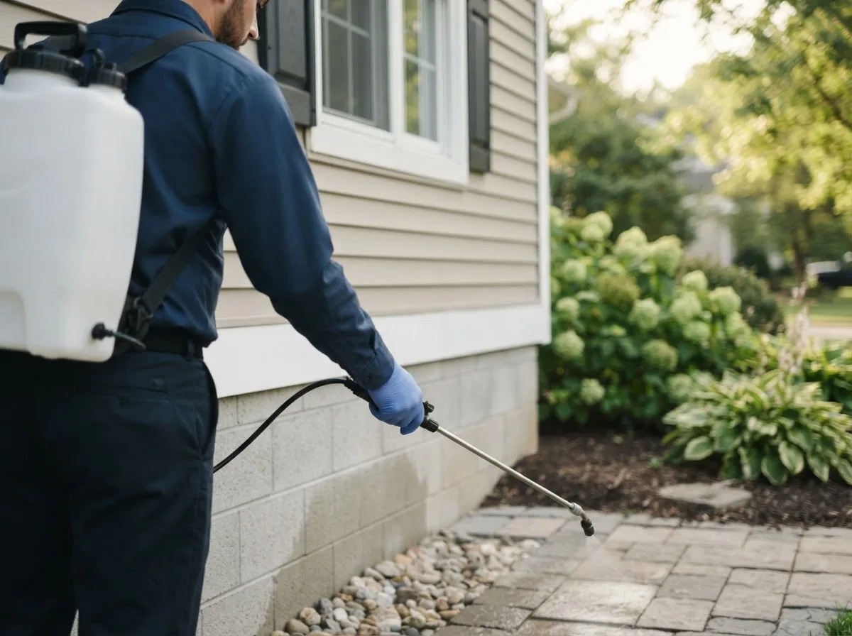 Pest control technician inspecting a home in Afton, IA